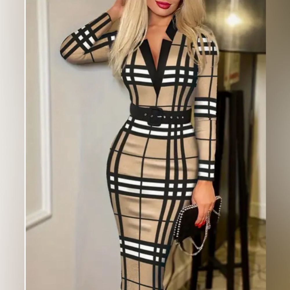 V Neck Plaid Dress
